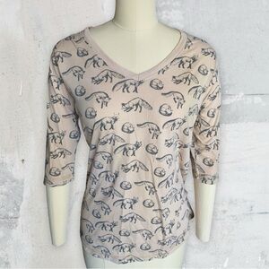 Fox Midi Sleeve Tee in Beige & Gray